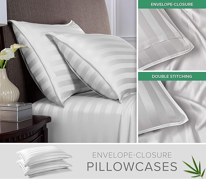 Queen Sheets by Pure Bamboo, Genuine 100% Organic Viscose Derived from Bamboo Bed Sheet Set, Luxuriously Soft & Cooling, Double Stitching, Lifetime Quality Promise (Queen, Jacquard White)