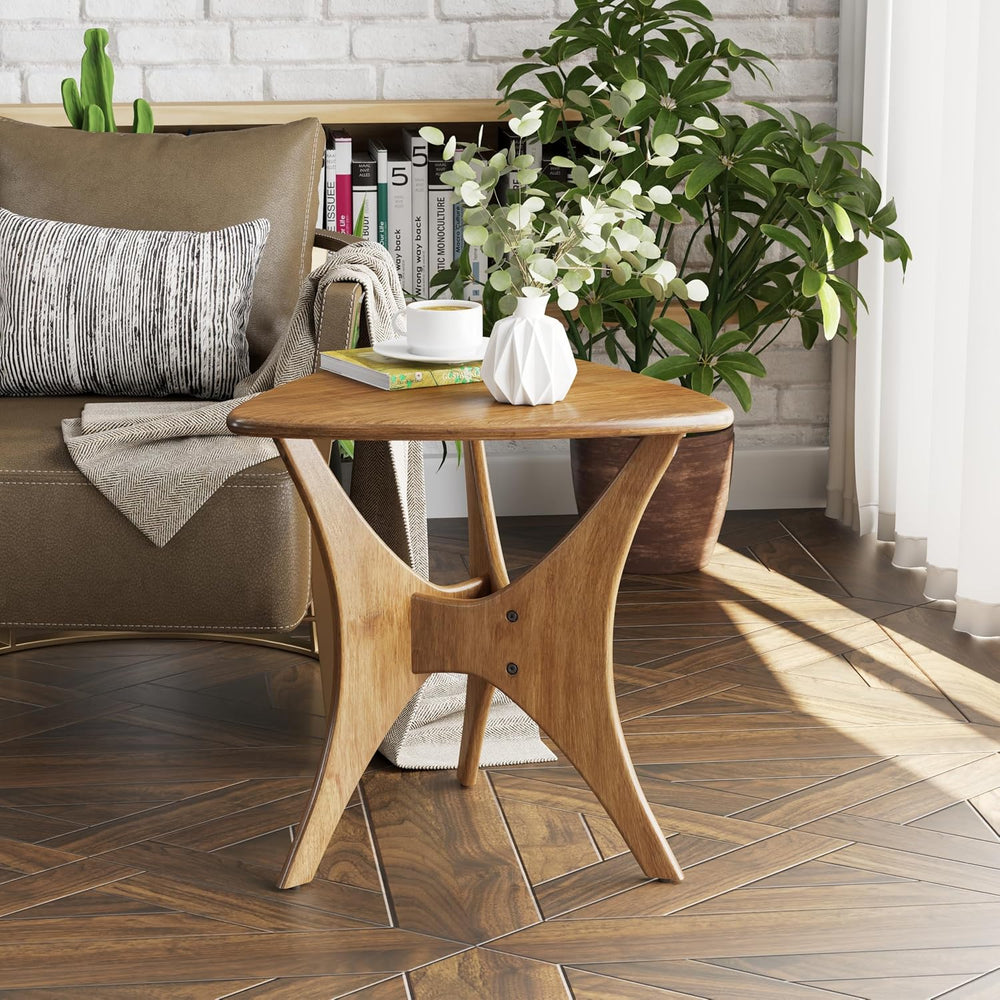 COZAYH Modern Triangle Wood End Table with Cross-Leg Rubberwood Base, Mid-Cen...