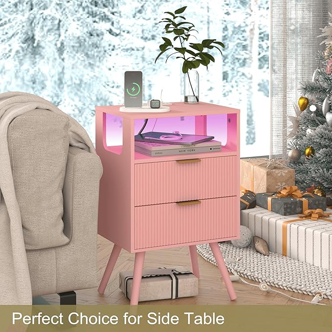 Pink Nightstand with Charging Station and LED Lights,Modern Bedside Table wit...