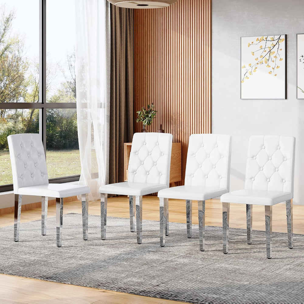 White Dining Chairs Set of 4,Faux Leather with Chrome Plate Metal Legs,Armles...