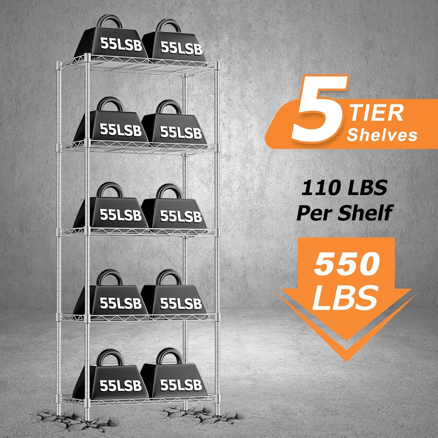 Storage Shelves,21.3"W*11.8"D*58.5"H Kitchen Wire Shelving Unit Loads 550LBS,5-tier Adjustable Metal Utility Shelf,Garage Shelves,Home Storage Rack for Kitchen,Laundry,Pantry and Closet,Chrome