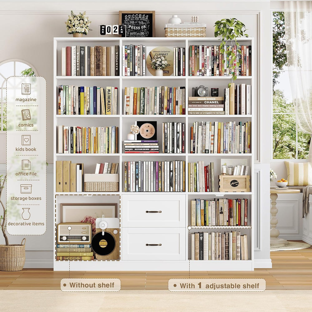 HOSTACK 71" Tall Triple Wide Bookshelf with Storage Drawers & Doors,...