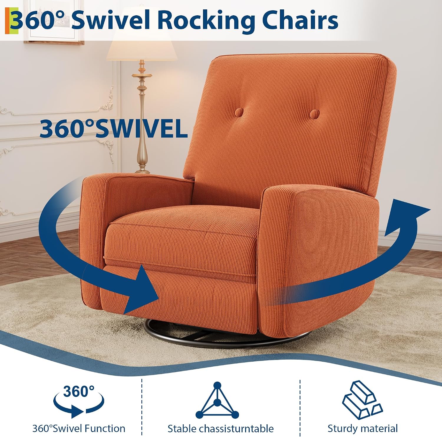 Garvee Nursery Recliner Chair, 360° Swivel Rocking Glider Chair for Adults with Adjustable Backrest & Footrest, Upholstered Armchair for Living Rooms, Bedrooms, Apartments, Orange