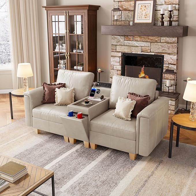 SITJOY 79" Faux Leather Modular Sectional Sofa with Storage, Mid Century Modern Sectional Couches for Living Room, 2 Seat Loveseat with Console Table, Hidden Cupholders, Greige