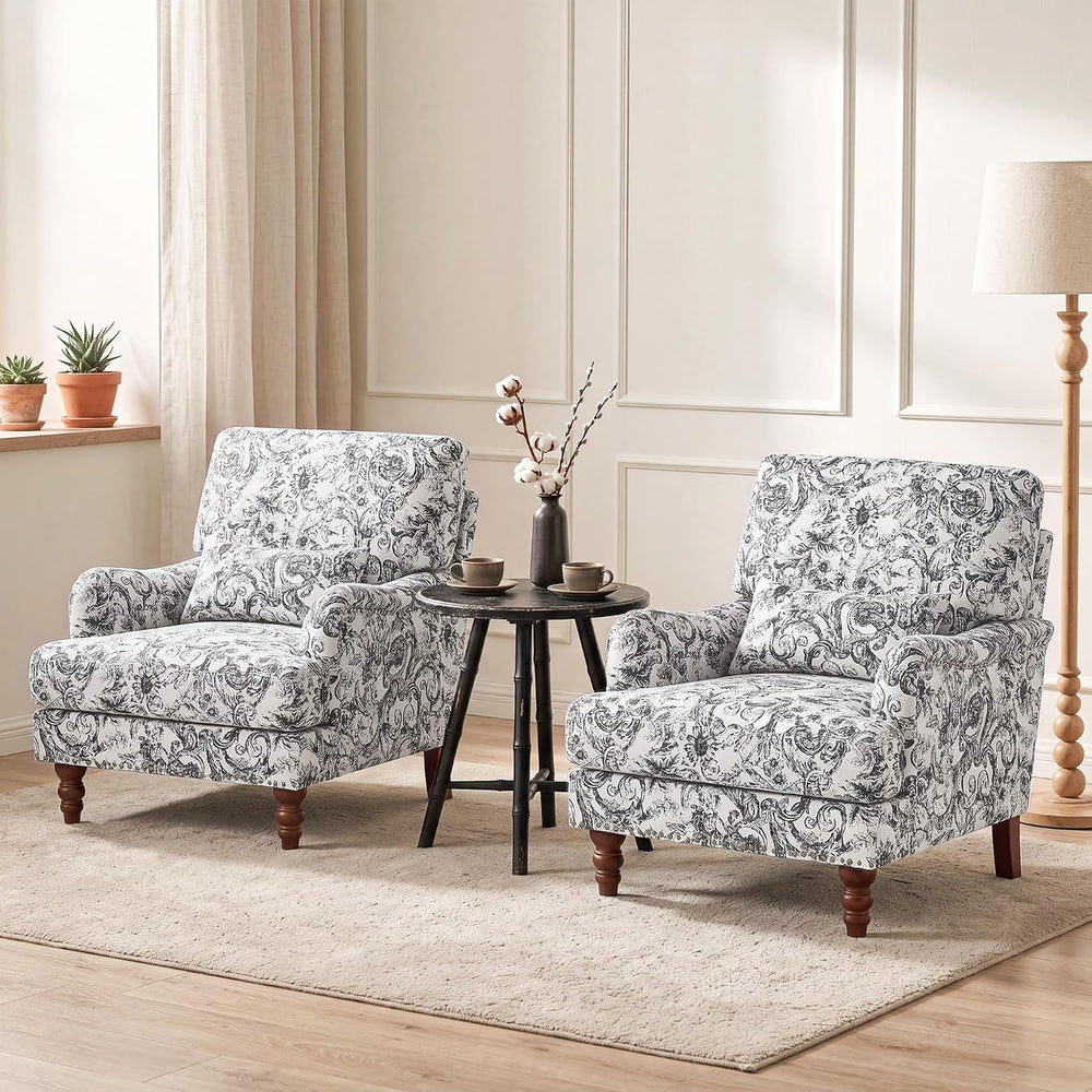 Floral Accent Chairs Set of 2, Chenille Armchair, Rococo Black