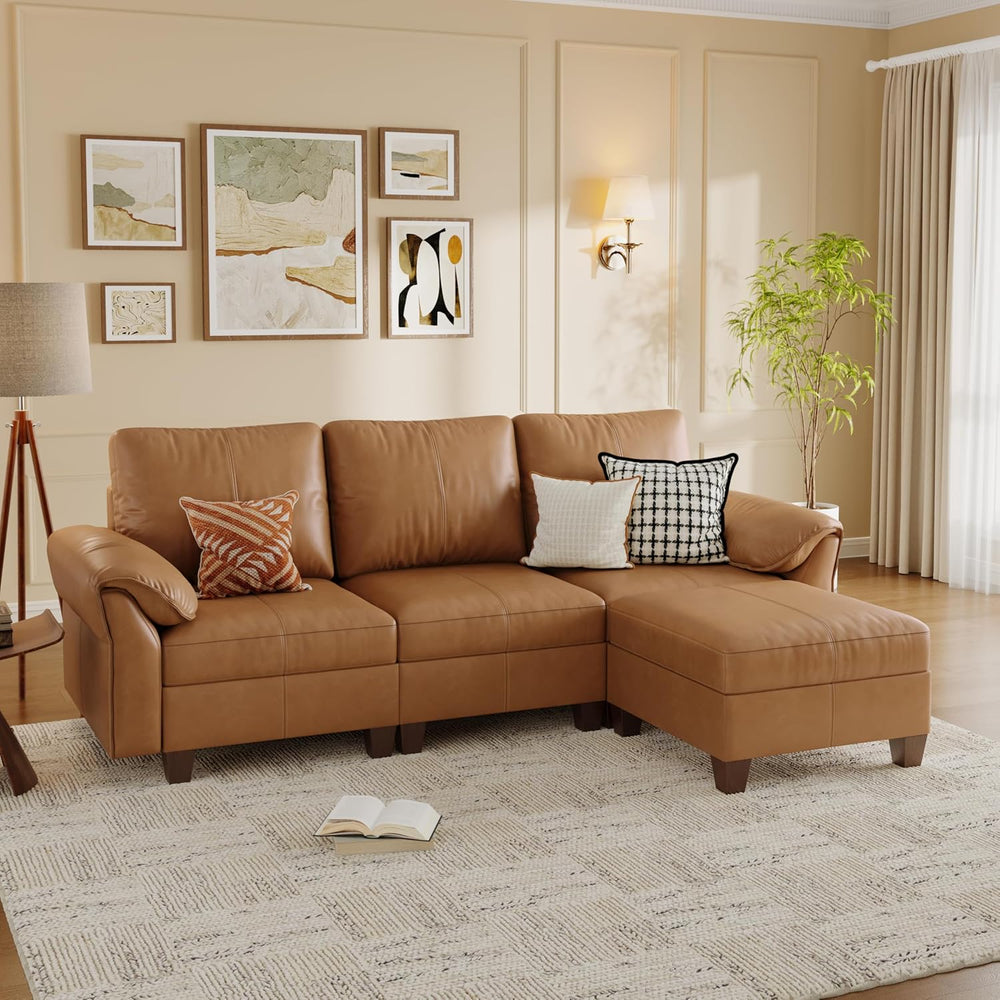 SITJOY Faux Leather Modular Sectional Sofa with Storage, Mid Century Modern S...