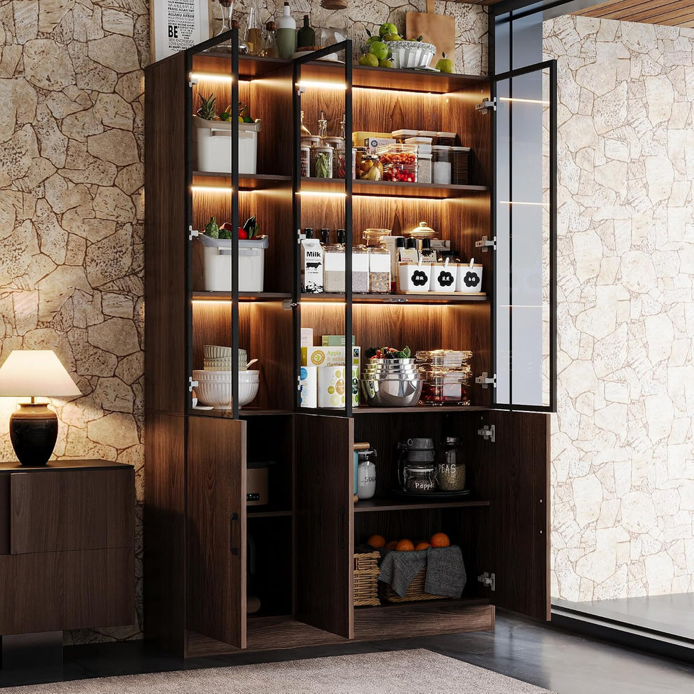 78.7" H Tall Kitchen Pantry with 3 Color LED Light, Modern Cupboard with...