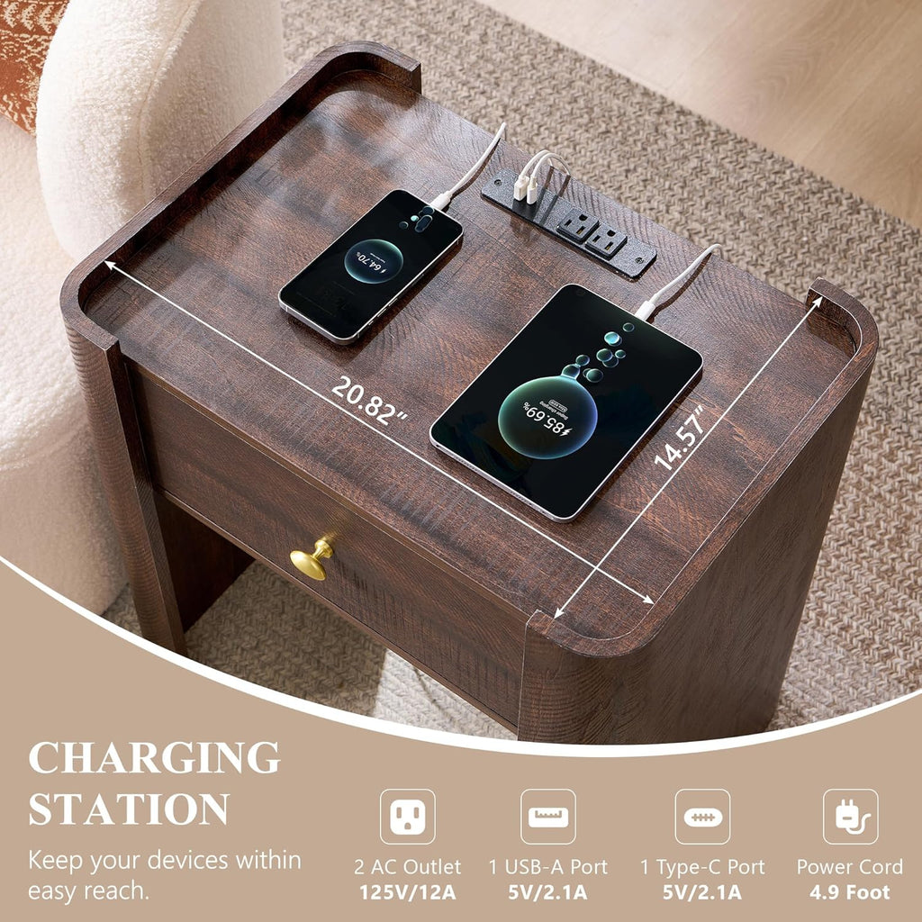23.6" Tall Modern Nightstand with Charging Station, 22" Wide Curved Bedside Table with 1 Storage Drawer, Wooden Night Stand, Large End Table for Bedroom, Living Room, Brown