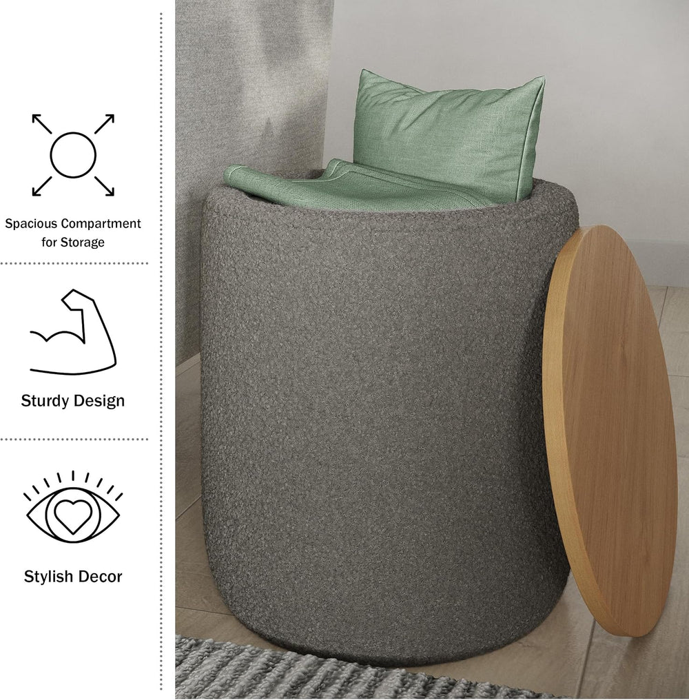 Storage Ottoman - Teddy Fabric Upholstered Ottoman with Wood Top for Living R...