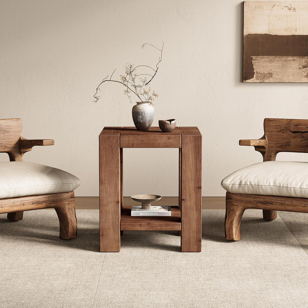 Solid Wood Side Table Set of 2, Farmhouse 2-Tier End Tables with Storage Shel...