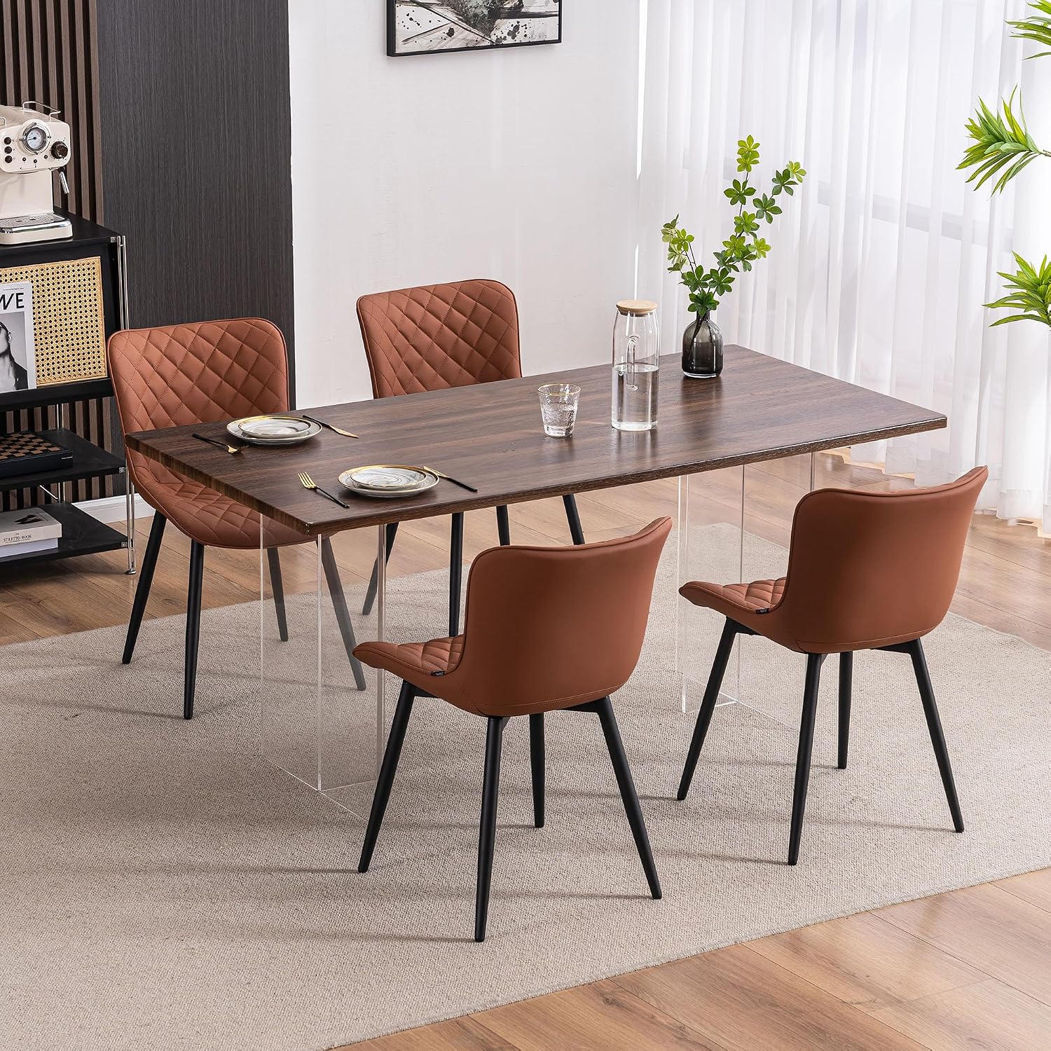 YOUTASTE Mid-Century Modern Dining Chairs Set of 2, Coffee Brown PU Leather Kitchen Accent Chair with Black Metal Legs, for Living Room, Guest Room, Waiting Area