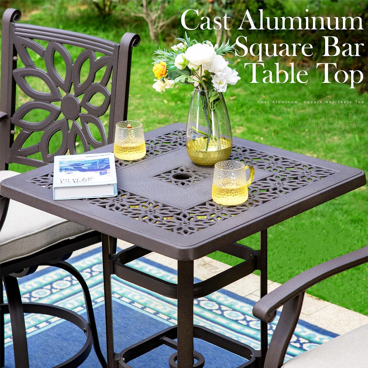 PHI VILLA Outdoor Patio Bar Tables Cast Aluminum,27.5" L x 27.5" W x 42" H | Frosted Surface Square Bar Height Bistro Table with 1.96" Umbrella Hole for Balcony Lawn Garden