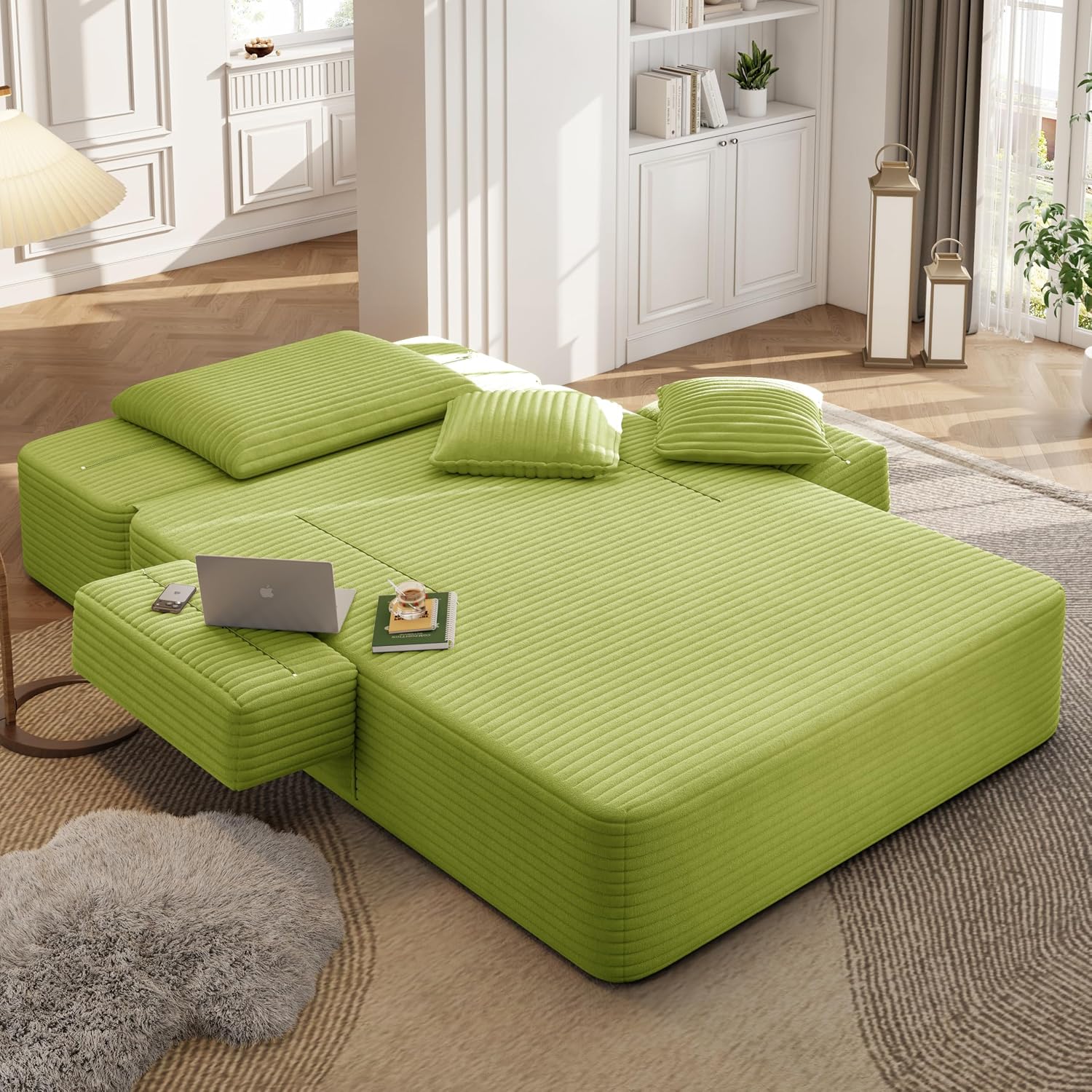 48.5" Boneless Chaise Lounge Chair Sofa Bed Indoor with Zip-Down Convertible Armrests & Backrest, Oversized Cloud Upholstered Compression Sleeper Couch Reading Chairs w/Side Pockets
