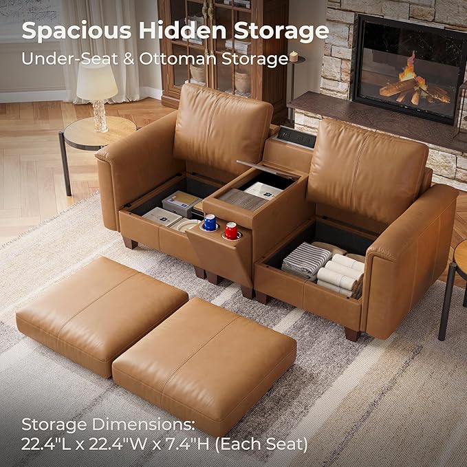 SITJOY 79" Faux Leather Modular Sectional Sofa with Storage, Mid Century Modern Sectional Couches for Living Room, 2 Seat Loveseat Couch and Console Table, Hidden Cupholders, Brown