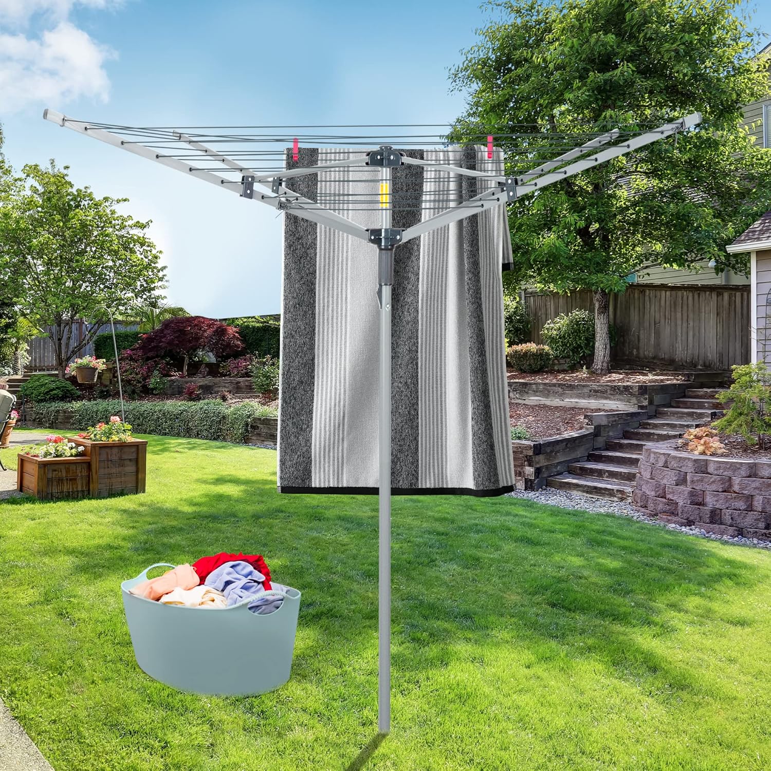 JS HANGER Collapsible 4-arm Rotary Outdoor Umbrella Drying Rack Metal Clothes Dryer Clothesline with 131ft Drying Space