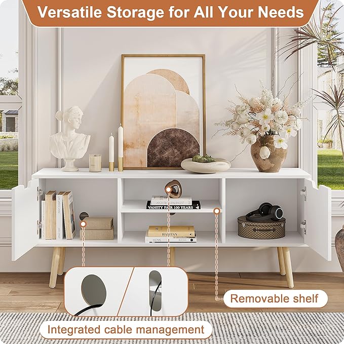 ALINE FURNITURE White TV Stand for 50 55 60+ inch TVs - Media Console with 2 Cabinets & Open Shelves, Solid Wood Legs - TV Consoles for Living Room - 22" H Entertainment Center for Bedroom