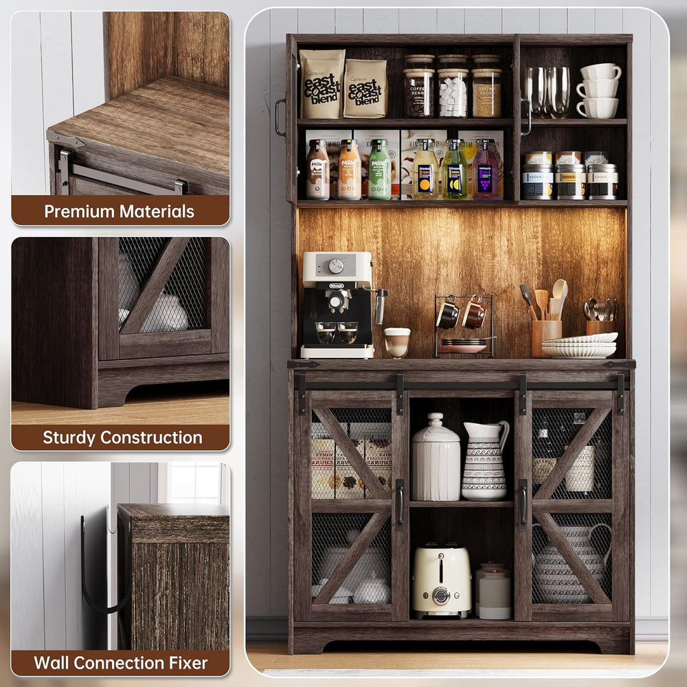71" Farmhouse Pantry Storage Cabinet With LED Lights and Charging Statio...