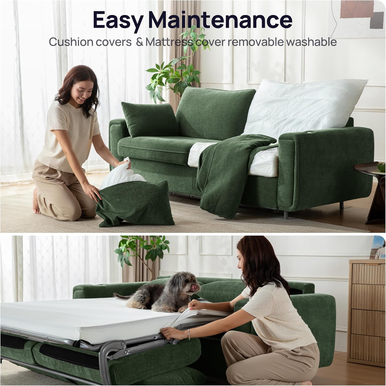 Pull Out Sofa Bed, No Cushion Removal, Queen Sleeper Sofa with USB Fast Charging, Memory Form Mattress, 2-in-1 Convertible Comfy Loveseat Couch Bed for RV, Apartment, and Small Spaces (Green)