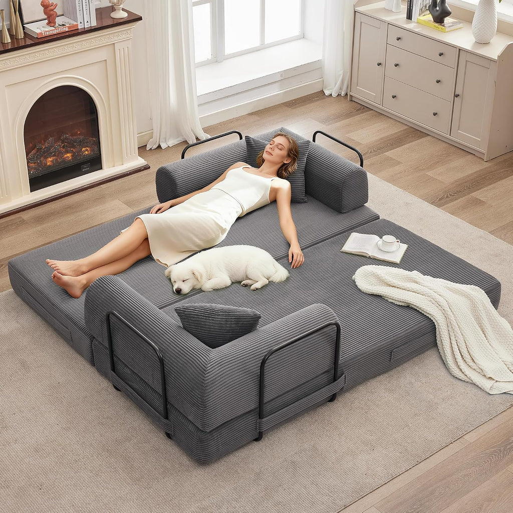 IDEALHOUSE 79" Convertible Futon Sofa Bed, Boneless Couch for Living Room | Folding Corduroy Sleeper Sofa, Modular Pull Out Couch with Pillows, Loveseat,No Assembly | Gray