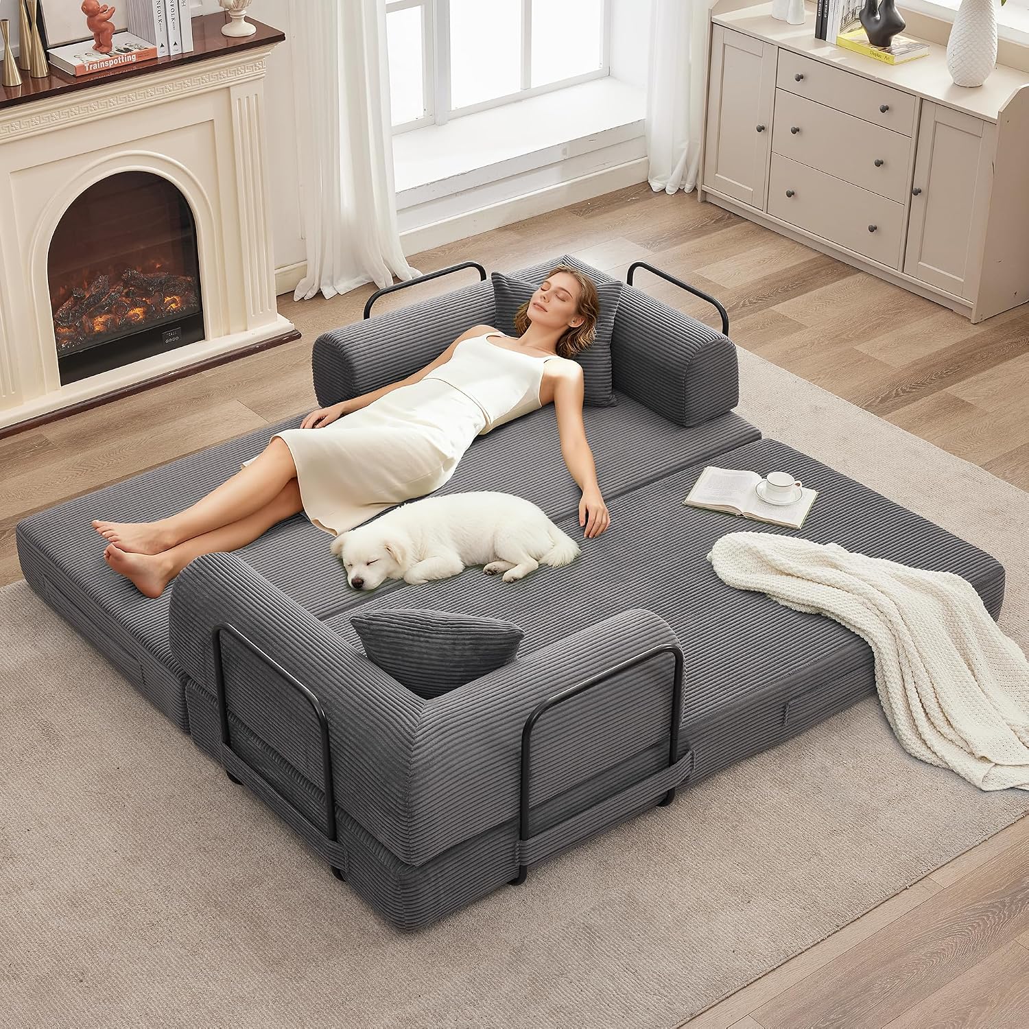 IDEALHOUSE 79" Convertible Futon Sofa Bed, Boneless Couch for Living Room | Folding Corduroy Sleeper Sofa, Modular Pull Out Couch with Pillows, Loveseat,No Assembly | Gray