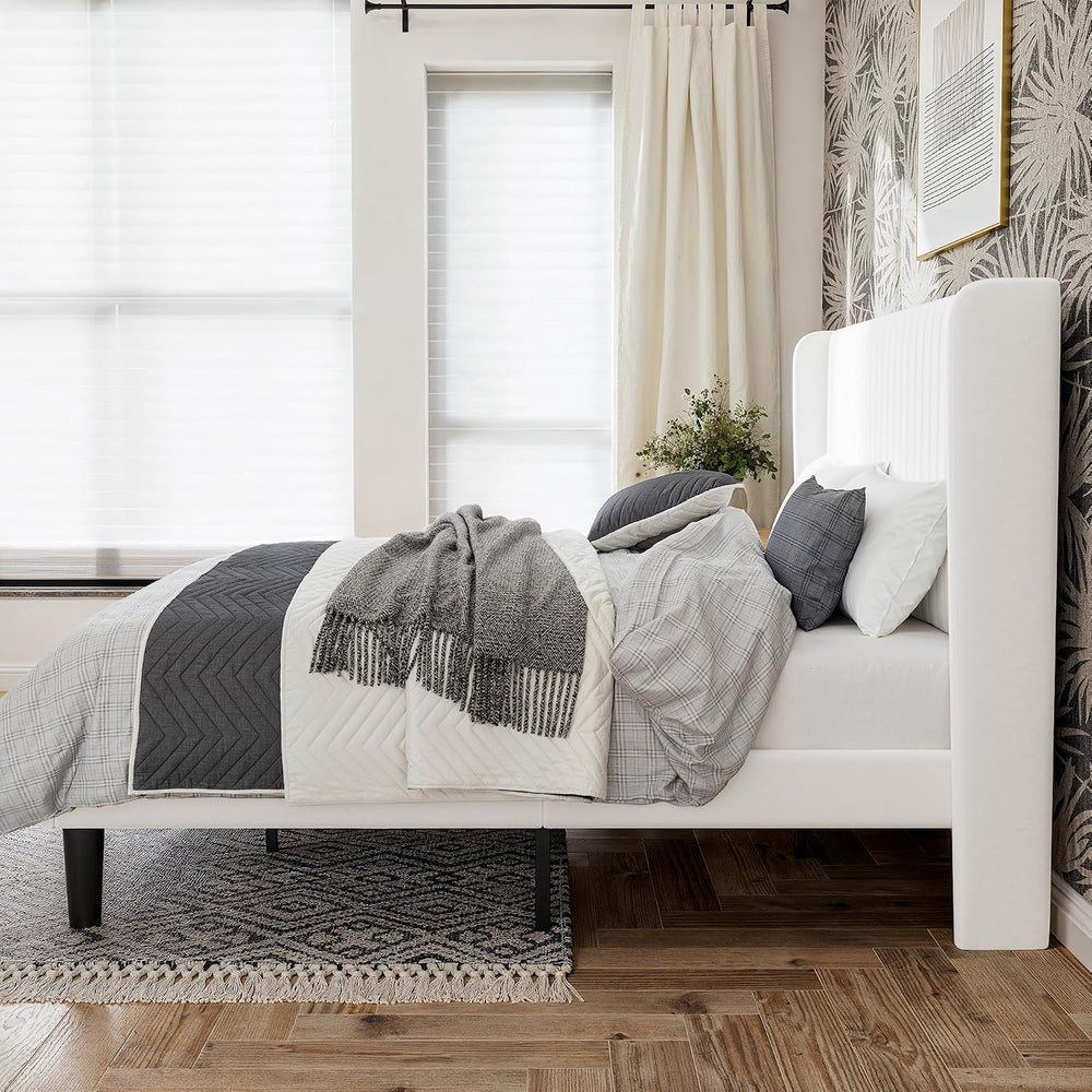 GOLDORO Upholstered King Size Bed Frame with Wingback Headboard, White