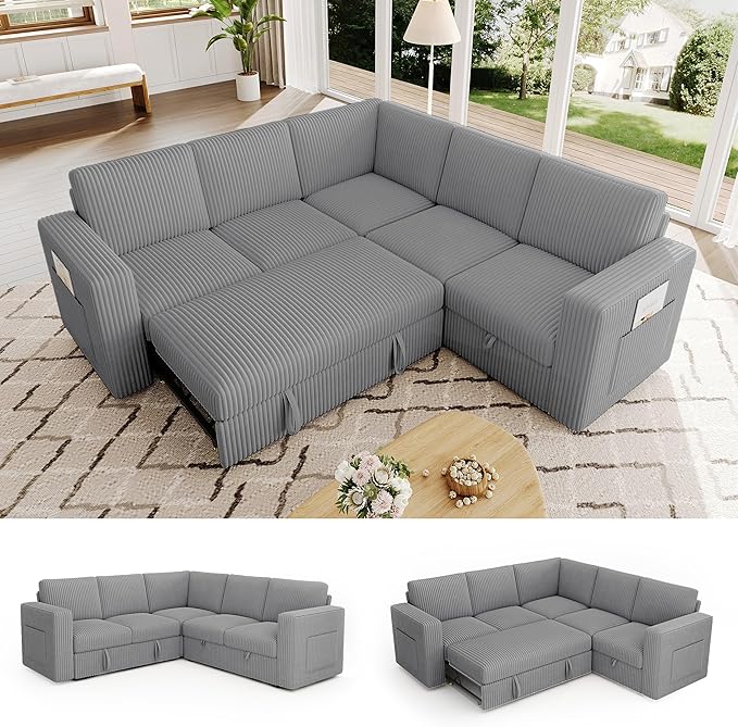 83.5" Sectional Sleeper Sofa with Pull Out Couch, Modern 5 Seat L Shaped Modular Couch, Sectionals Modular Sofa with Storage, Comfy Corduroy Couches Sectional for Living Room & Apartment, Gray