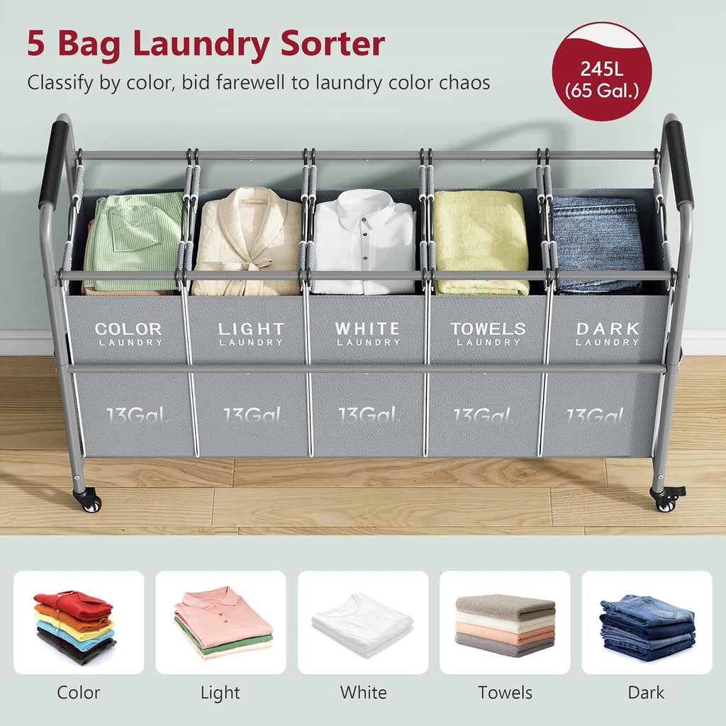 Tajsoon 5 Bag Laundry Sorter Cart, Laundry Hamper Sorter Basket with Heavy Duty Lockable Rolling Wheels for Clothes Storage, Grey & White