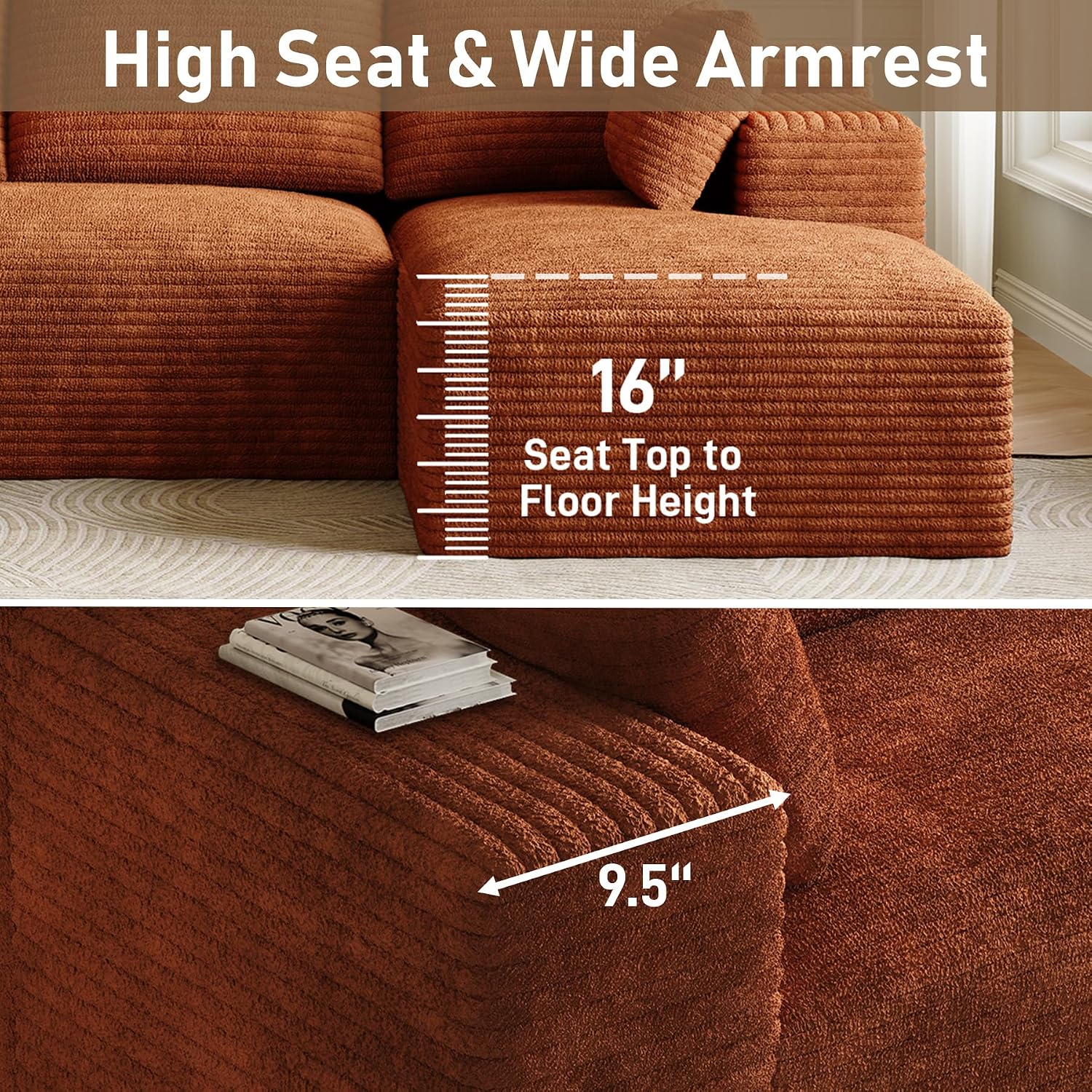 ONEMMLION 96" L-Shaped Cloud Boneless Couch Sofa with Chaise, Orange | Corduroy Comfy Fluffy Modular Deep Seat Memory Foam Compressed Sectional Sofa for Living Room Oversized Right Facing Chaise