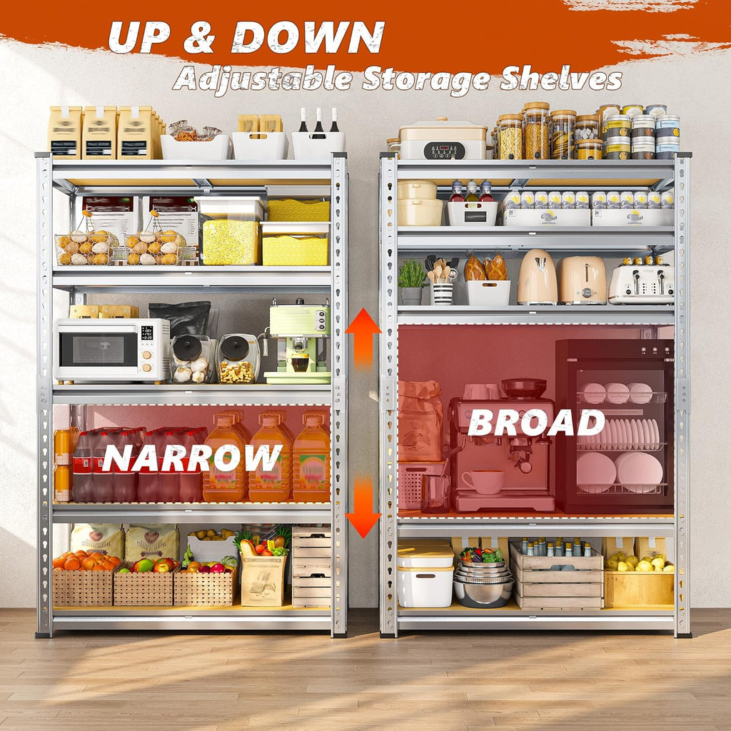REIBII Garage Shelving, 5 Tier Storage Shelves Load 2020LBS, Adjustable Garage Shelves Heavy Duty, Metal Shelving Unit with Waterproof Columns for Warehouse, 35.5" W x 11.9" D x 72" H, Galvanized