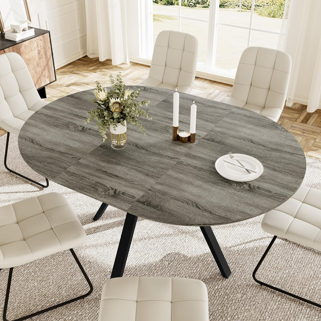 HIPIHOM Extendable Round Dining Table Set for 6 People, 43.3"-59.1" Extendable Kitchen Table with 6 Upholstered Chairs, Space Saving for Kitchen Dining Room (Grey Table+6 U-Shaped White Chairs)