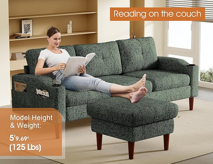 Ball & Cast Modular L Shaped Sectional Sofa with Movable Storage Ottoman,3 Seater Comfy Cloud Couch W/Cupholders and USB Ports,Linen Fabric Sofa for Living Room,Apartment,Small Space,Green,78"