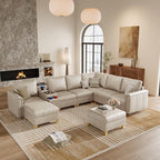 SITJOY 132" Faux Leather Modular Sectional Sofa with Storage, Mid Century Modern Sectional Couches for Living Room, 8 Seat V Shaped Couch with Ottoman and Console Table, Hidden Cupholders, Greige