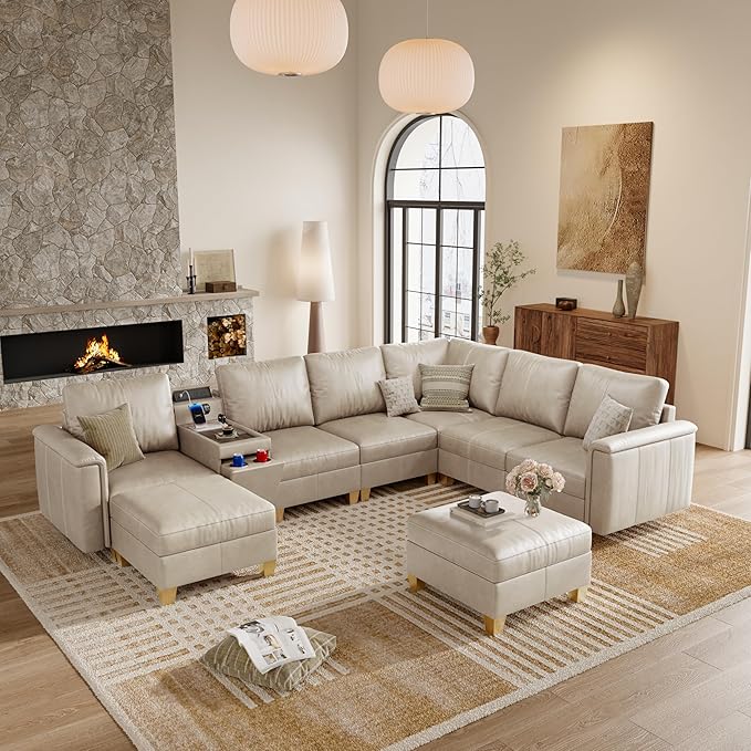 SITJOY 132" Faux Leather Modular Sectional Sofa with Storage, Mid Century Modern Sectional Couches for Living Room, 8 Seat V Shaped Couch with Ottoman and Console Table, Hidden Cupholders, Greige