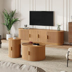 Wooden TV Stand & Coffee Table Set with Fluted Sliding Door for TVs up to 75", Golden Handles Media Console with Cable Hole, Farmhouse Round Center Table for Living Room, Natural, Teak
