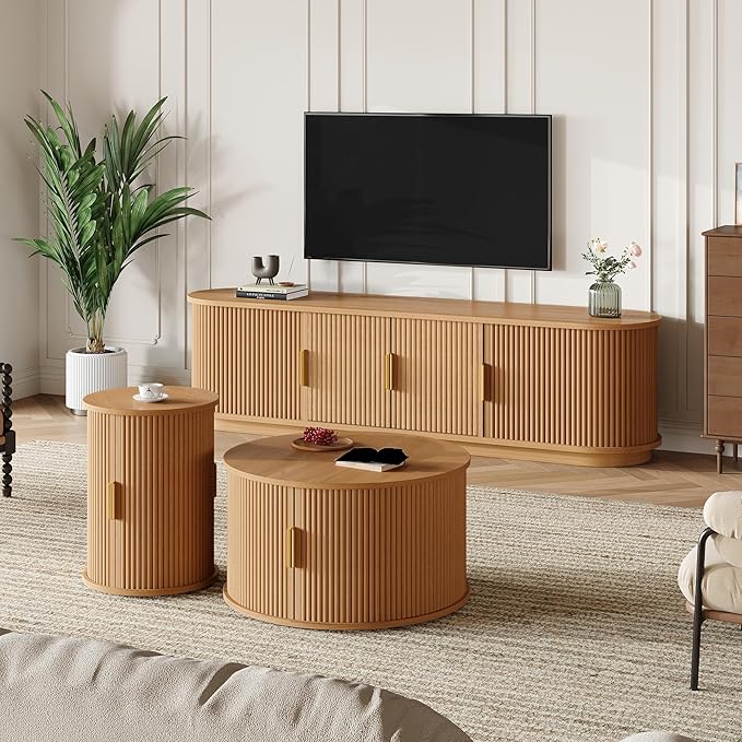 Wooden TV Stand & Coffee Table Set with Fluted Sliding Door for TVs up to 75", Golden Handles Media Console with Cable Hole, Farmhouse Round Center Table for Living Room, Natural, Teak