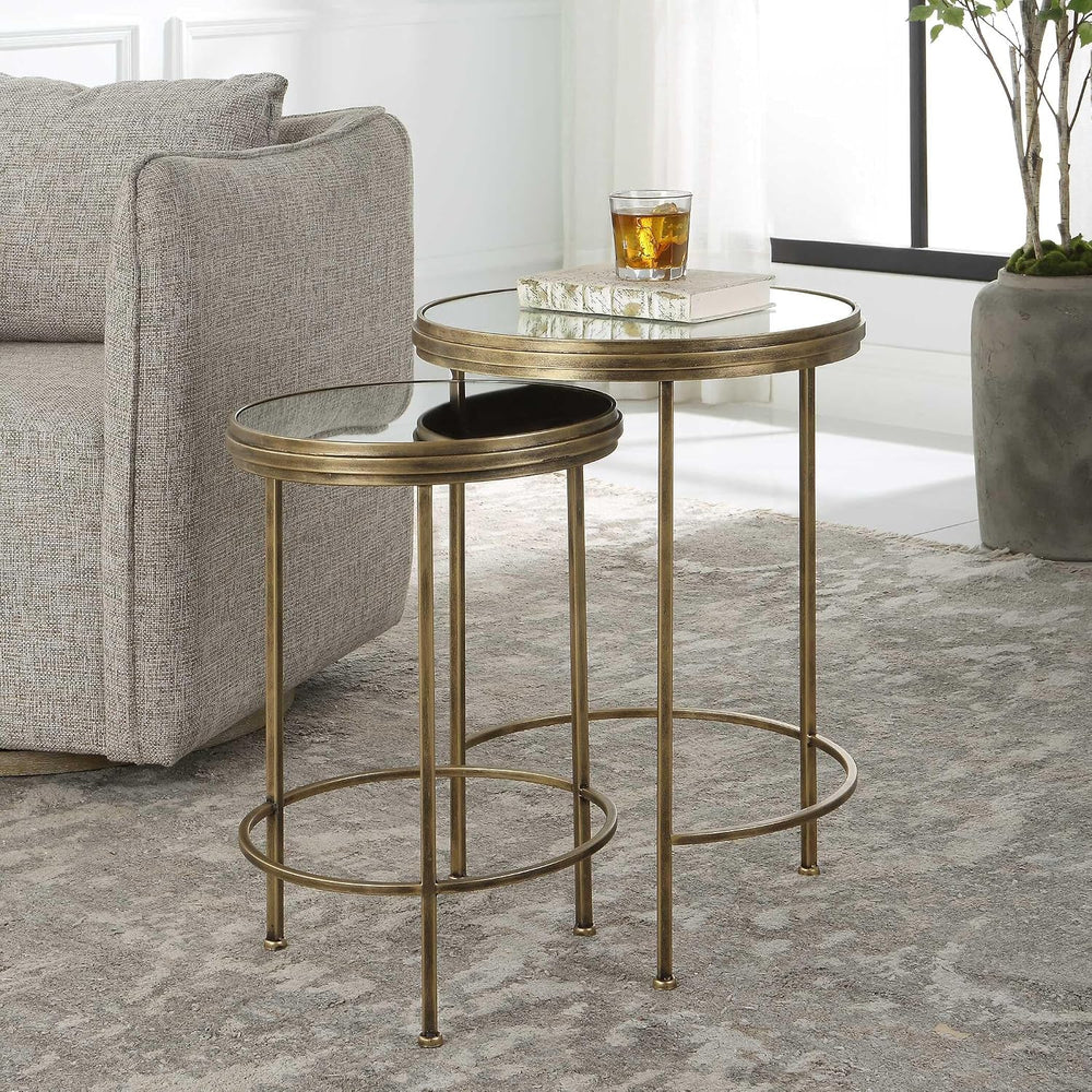 Set of 2 Antique Brushed Gold Iron Nesting Tables with Mirrored Glass Tops Mo...