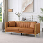 FOTOSOK Leather Couch Sofa, Office Couches 78'' Apartment Faux Leather Sofa with 2 Throw Pillows & Gold Metal Legs, Waterproof 3 Seater Couches for Small Living Room, Affordable Luxury Design