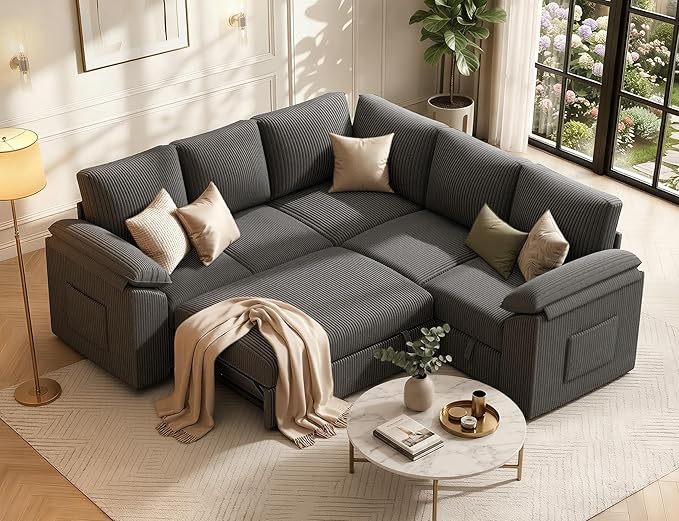 85 Inch Modular Sectional Sofa with Pull Out Couch Bed, L Shaped 5 Seat Sectional Couch with Storage, Corduroy Sectional Couches for Living Room, Cloud Modular Couch, Removable Sofa Cover, Dark Grey