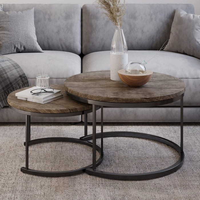 Round Coffee Table Set - 2-Piece Nesting Tables to Use Together or Separately - Modern Farmhouse Style by Lavish Home (Gray-Brown)