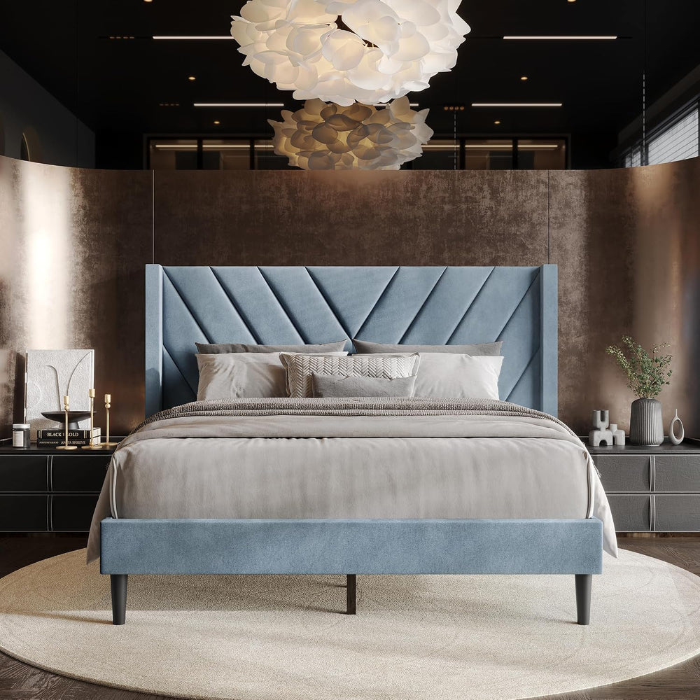 Queen Platform Bed Frame with Chevron-Stitched Wingback Headboard, Velvet Uph...
