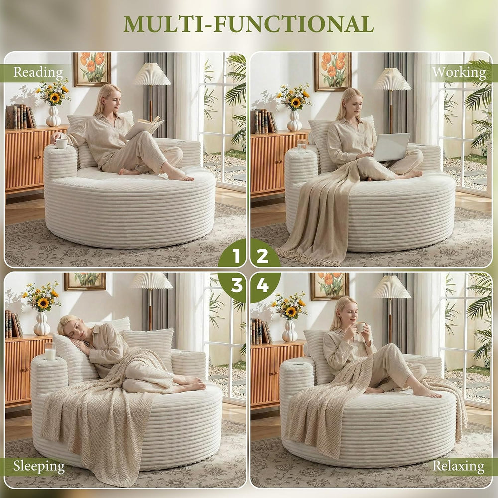 55.5" Oversized Round Chaise Lounge Chair Indoor, Corduroy White | Moder...