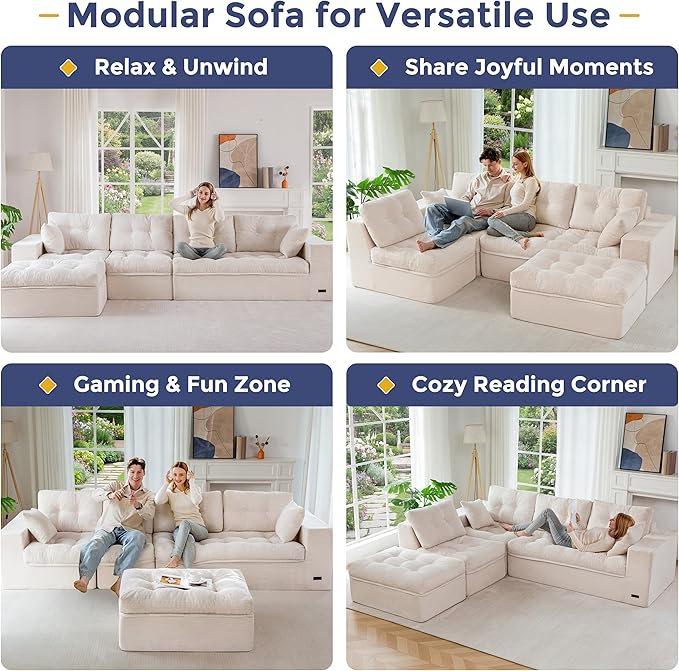 MAXYOYO 132" L Shaped Modular Sectional Sofa with Ottoman, Cloud Boneless Couch with Layered Cushion, Upholstered Sofa in a Box, Flexible Module Combination for Living Room, No Assembly, Beige