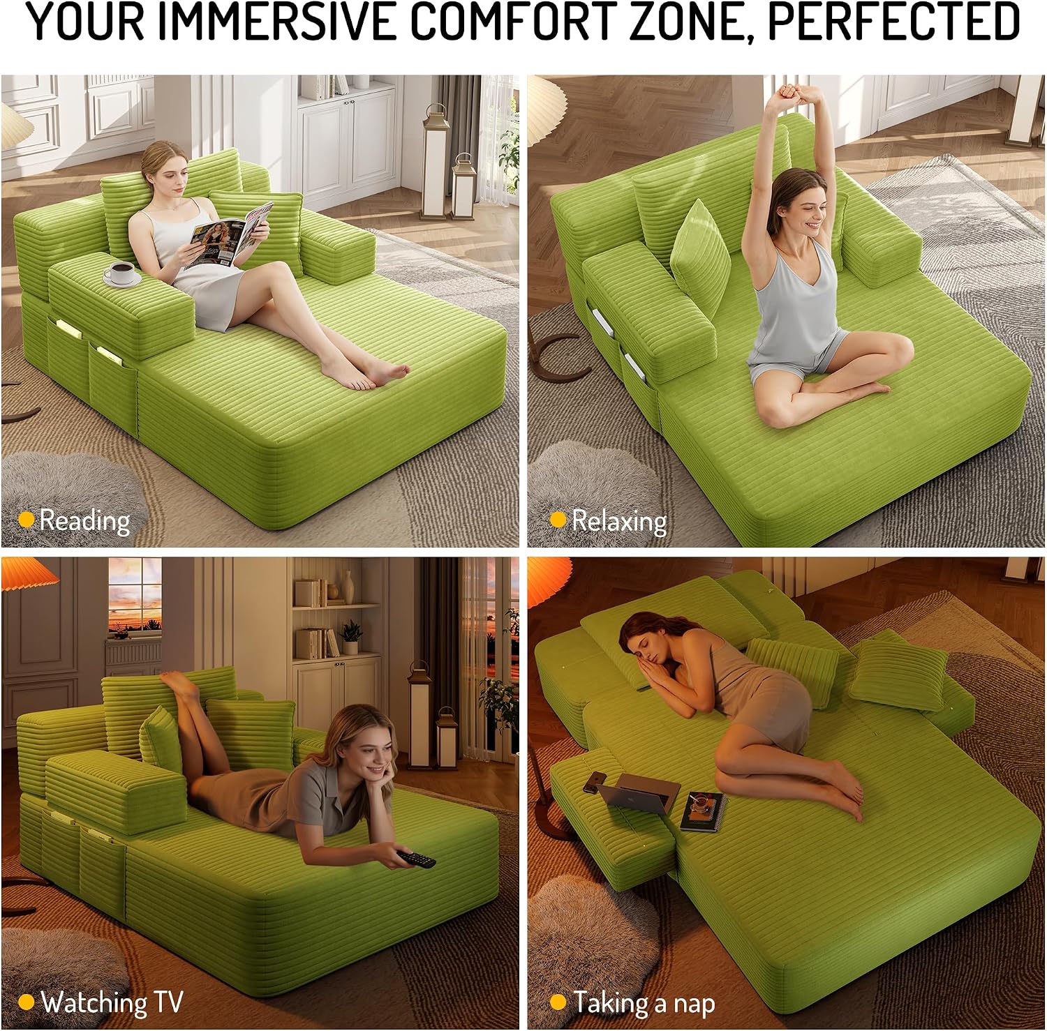 48.5" Boneless Chaise Lounge Chair Sofa Bed Indoor with Zip-Down Convertible Armrests & Backrest, Oversized Cloud Upholstered Compression Sleeper Couch Reading Chairs w/Side Pockets