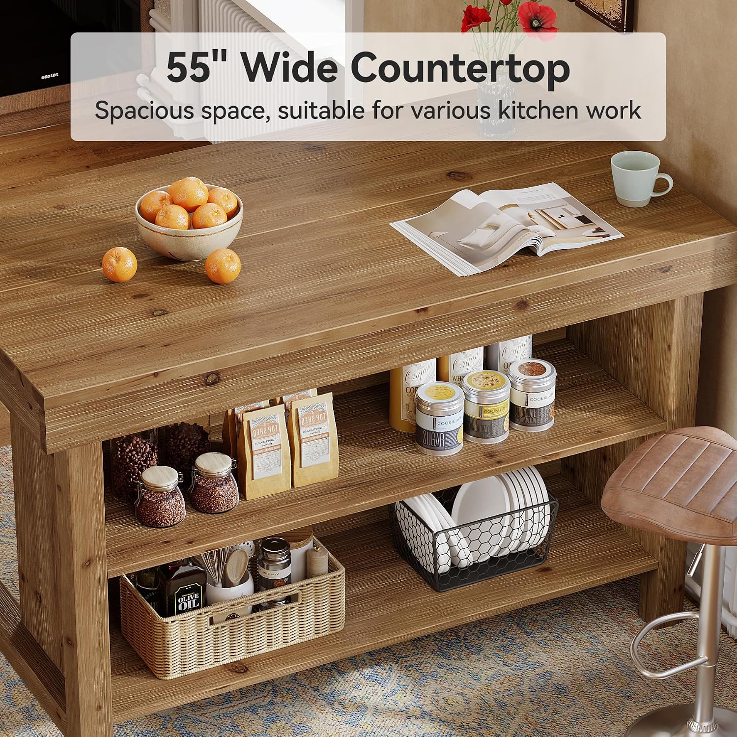 Kitchen Island with Storage, Solid Wood Kitchen Island Table | Solid Wood; 2-Tier Open Storage Shelves and Seating; Farmhouse; for Kitchen, Dining Room