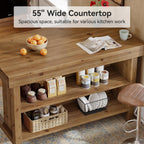 Solid Wood Large Kitchen Island, 3-Tier 55 Inch Stationary Center Island Table with Open Storage Shelves, Farmhouse Counter Height Coffee Bar for Kitchen, Dining Room, Living Room, Brown