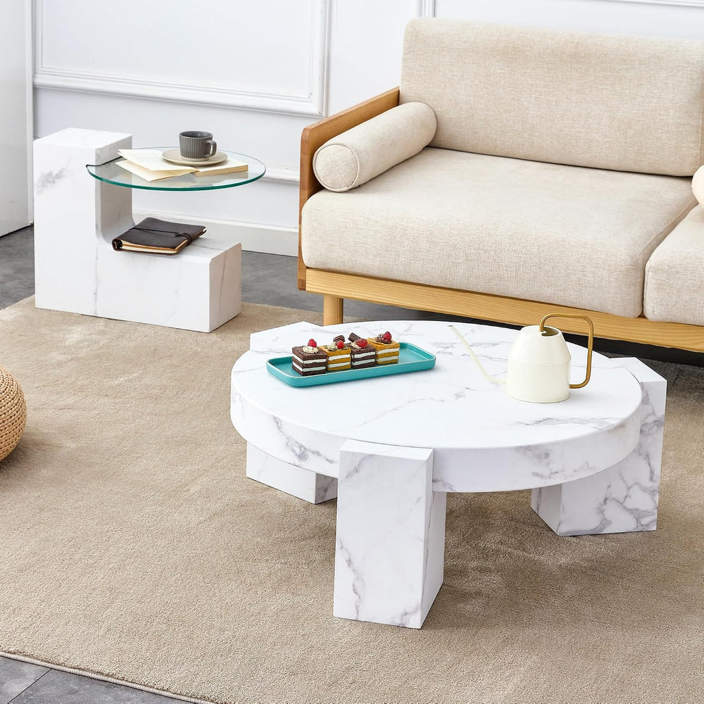 Modern Coffee Table Set of 2, 29.9" Round Wooden Coffee Table with White...