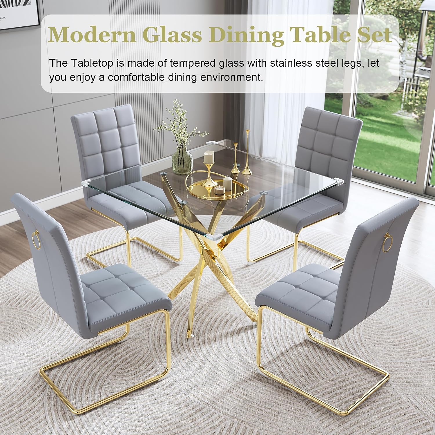Square Glass Dining Table Set for 4, Modern 36" Clear Tempered Glass Kitchen Table and 4 Grey PU Leather Upholstered Chairs with Gold Stainless Steel Legs, for Apartment, Small Space