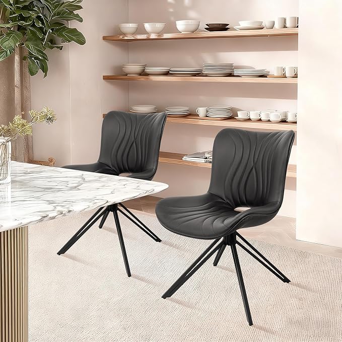 Dining Chairs Set of 2, 360° Swivel Upholstered Mid-Century Modern Kitchen Dining Room Chairs, Armless Faux Leather Accent Side Chair with Padded Back, Metal Leg, Black