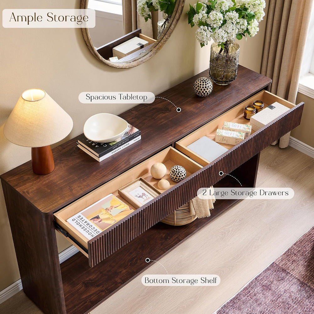OKD 63" Fluted Console Table for Entryway with 2 Large Drawers, Dark Wal...