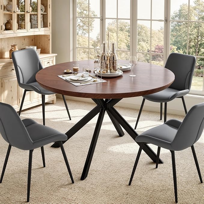 47.2" 5-Piece Round Dining Table Set for 4, Modern Wood Dining Table with 4 Upholstered Chairs, Kitchen & Dining Room Table Set with Metal Base for Apartment, Small Space, Walnut Table+4 Grey Chairs